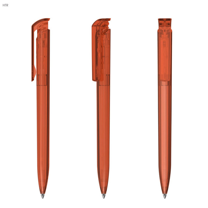 A transparent orange plastic pen featuring a click mechanism, displaying its clear barrel and ink tip.