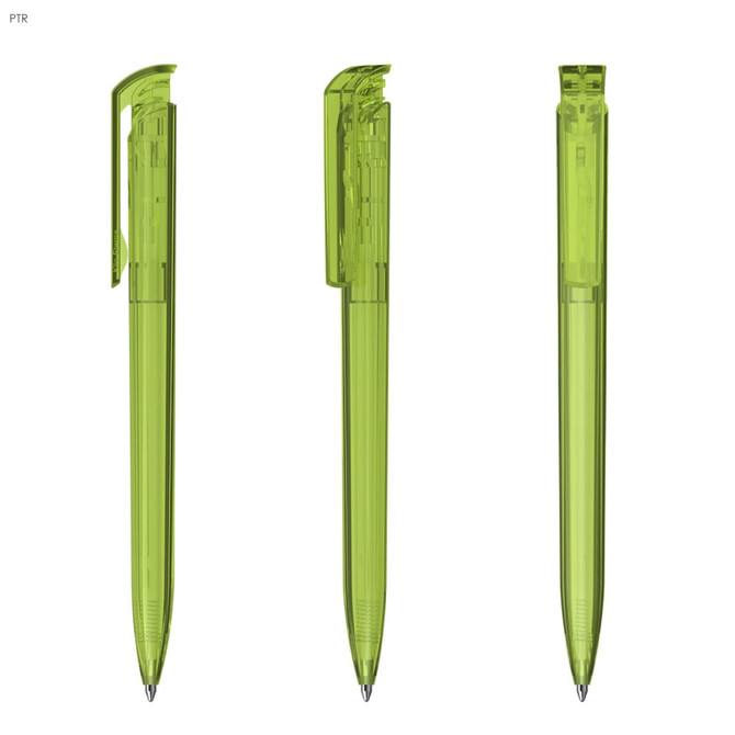 A set of three transparent green plastic pens with a click mechanism. Each pen has a sleek design and a branding logo.