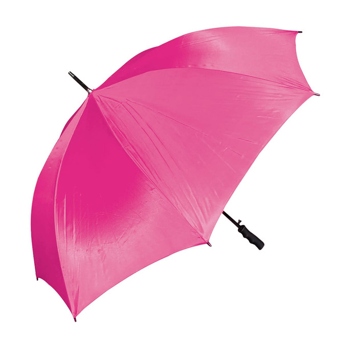 A pink golf umbrella with a black handle and a logo.