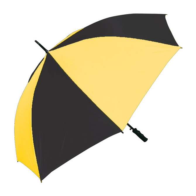 A golf umbrella featuring a yellow and black canopy with a green handle and a logo.