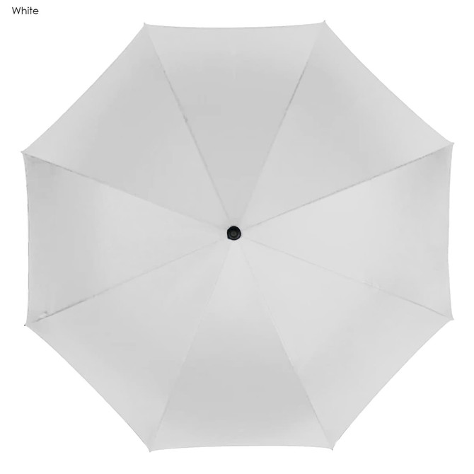 A white golf umbrella with a central handle and a simple design. It features a logo on the handle.