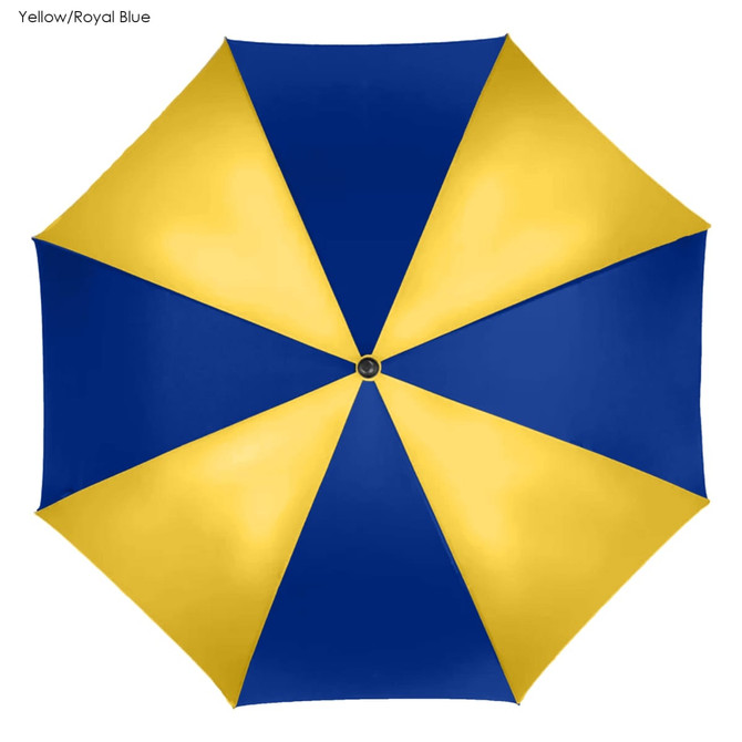 A golf umbrella featuring a yellow and royal blue design with a central mechanism and a branding logo.