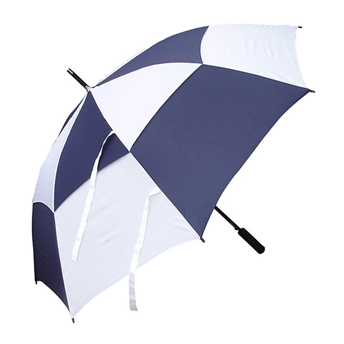 A navy and white golf umbrella with a sturdy handle and a logo. Features a classic colour block design.