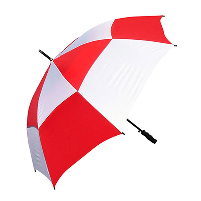 A red and white golf umbrella with a curved handle and a logo on the canopy.