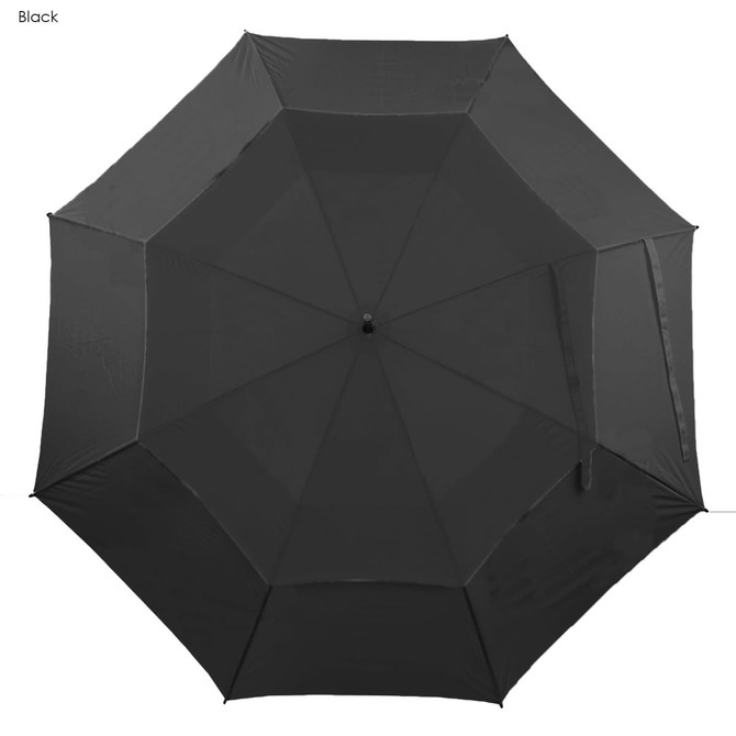 A black umbrella with an octagonal shape and a central support hub. The material appears smooth and durable.
