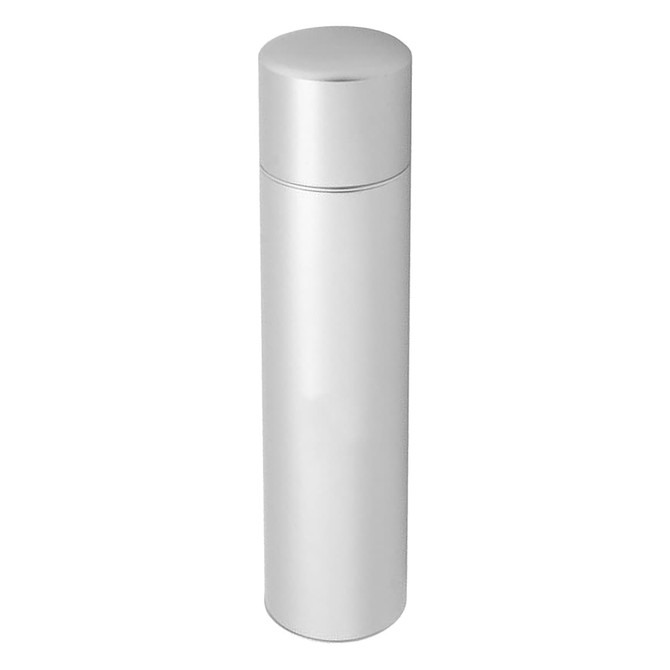 A silver drink bottle with a sleek, cylindrical design and a matching cap. It features a logo.