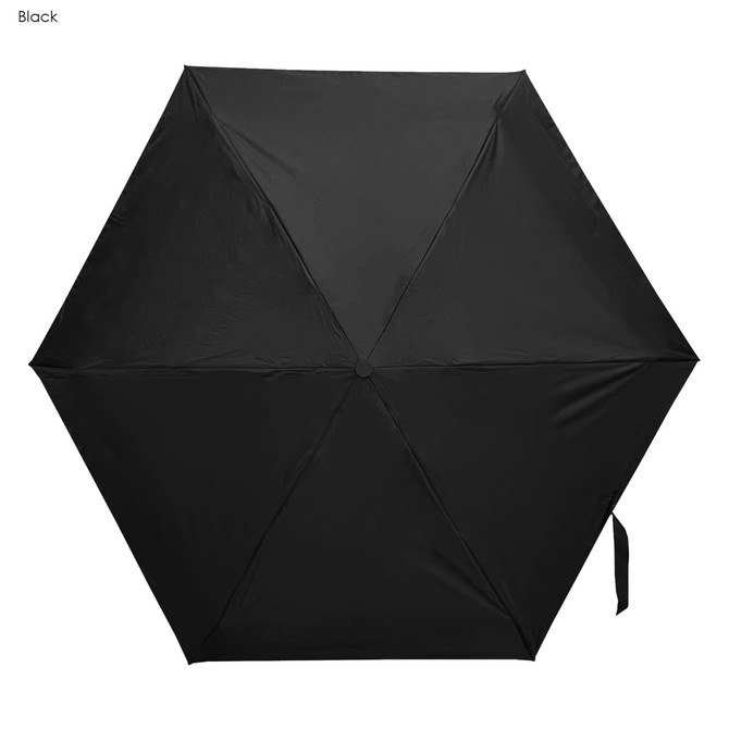 A black Paraflex umbrella featuring a hexagonal shape and a secure closure strap, with a logo present.