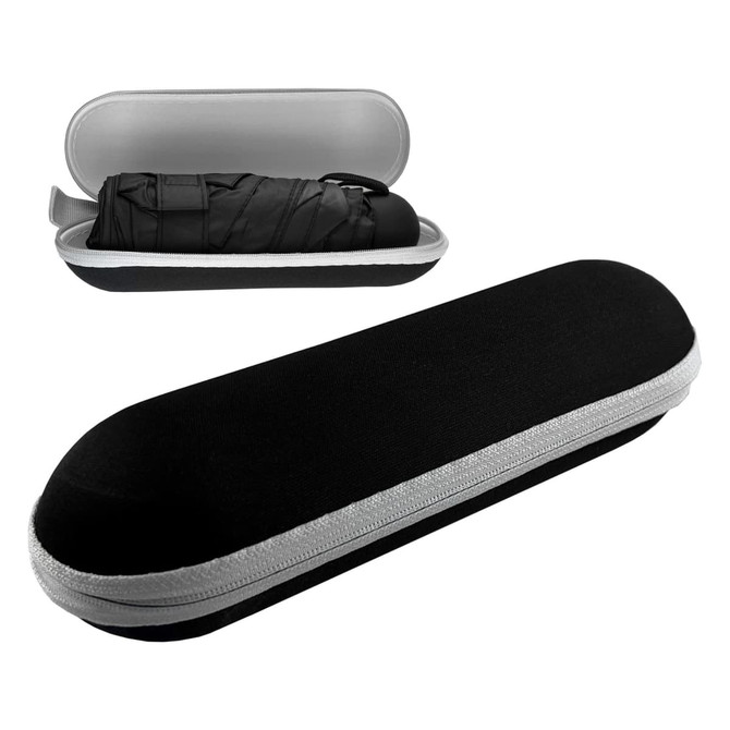A black umbrella encased in a sleek, oval hard shell case with a silver zipper detail. The case is partially open.