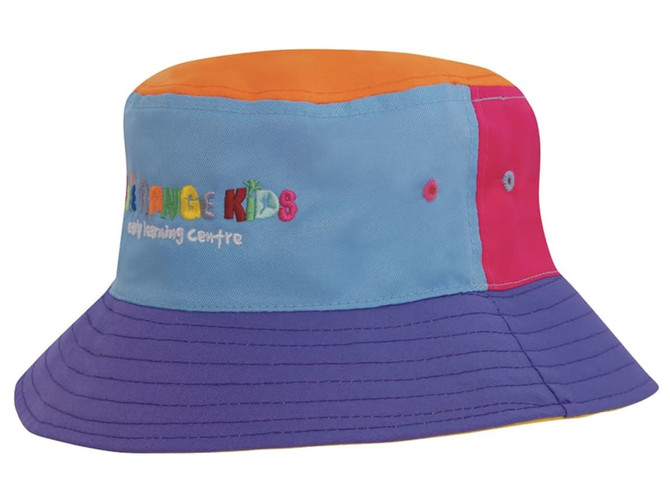 A multi-coloured child’s bucket hat featuring blue, orange, pink, and purple panels, with a logo on the front.