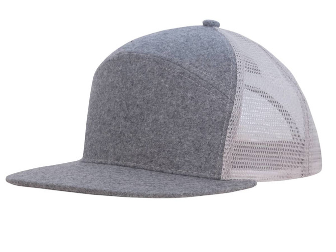 A grey A-frame cap with a mesh back and a solid front panel, featuring a logo on the side.