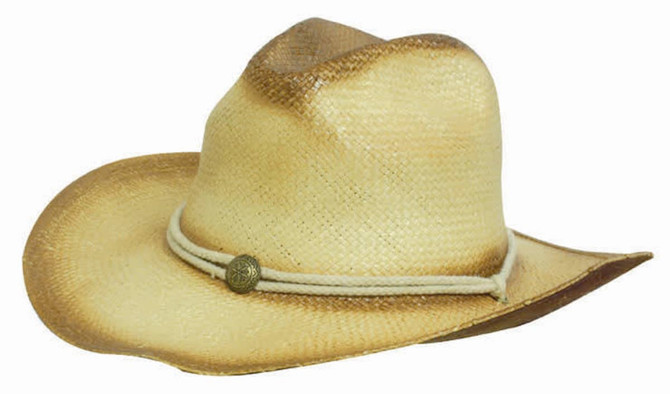 A straw cowboy hat in tan and brown tones, featuring a decorative band and a rustic, weathered look.