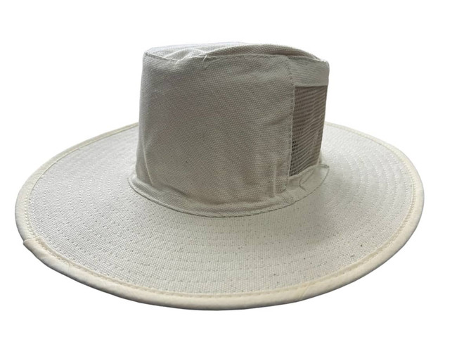A cream canvas hat with vents, featuring a wide brim and a structured crown. The hat includes a logo.