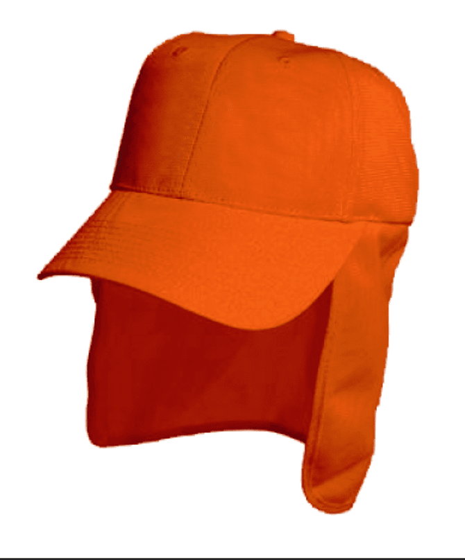 An orange safety cap with a flap at the back and a curved brim. It features a logo on the front.