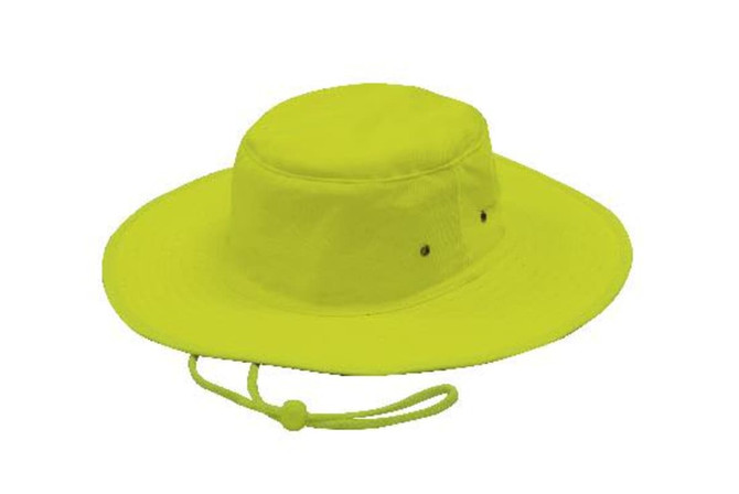 A luminescent yellow safety hat with a wide brim and adjustable chin strap. It features ventilation holes and a logo.
