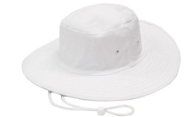 A white canvas hat with a wide brim and an adjustable chin strap. It features a simple logo.
