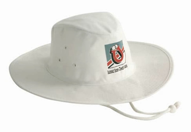 A white poly cotton slouch hat featuring a logo on the front and a chin strap.