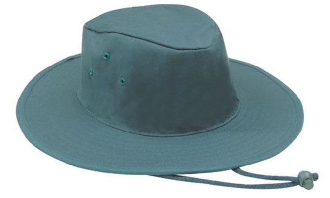 A poly cotton slouch hat in a teal colour, featuring eyelets and an adjustable cord.
