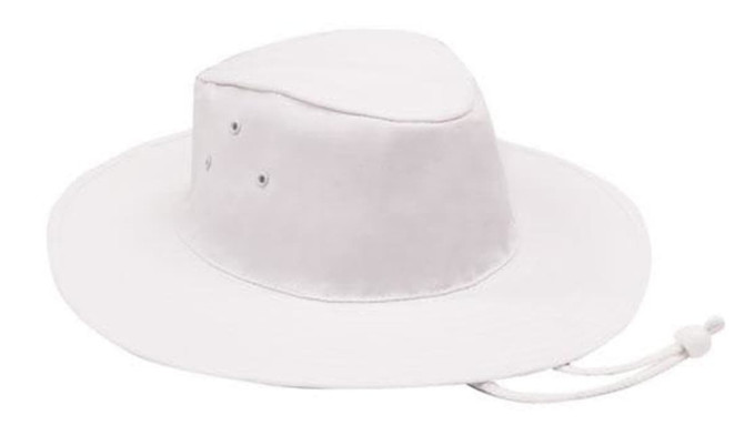 A white poly cotton slouch hat with a wide brim and adjustable chin strap, featuring ventilation holes.