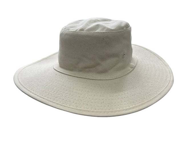 A white canvas hat with a wide brim and a structured top, featuring a logo on the side.