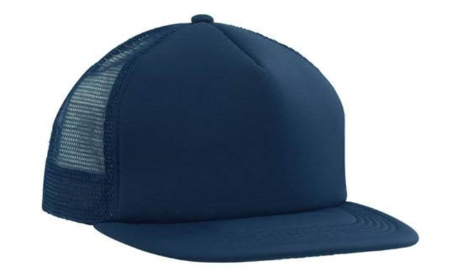 A navy blue trucker mesh cap with a flat peak and a mesh back, featuring a logo.