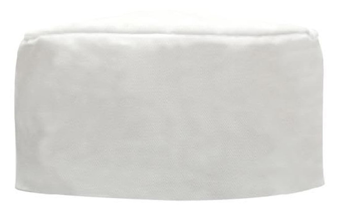 A white poly cotton chef's hat with a smooth, rounded top and a wide band. Features a small logo.