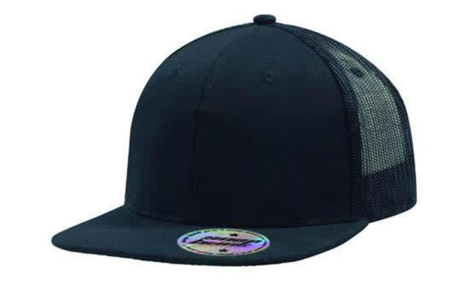 A black snapback cap with a mesh back and a circular sticker on the brim.