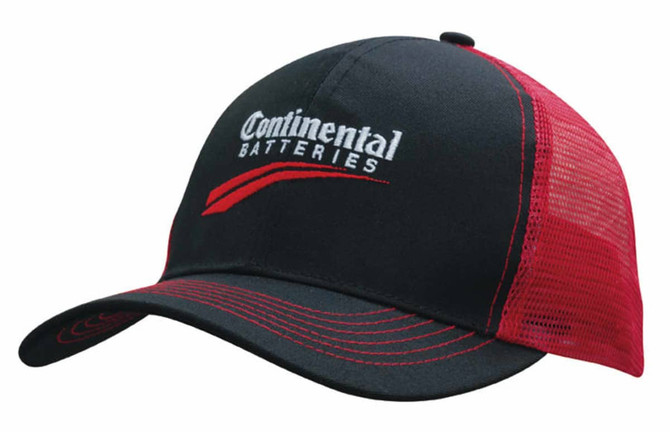 A black and red cap with a mesh back and a logo on the front.
