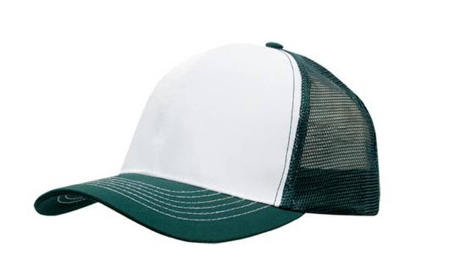 A cap featuring a white front and green mesh back, with a curved brim and a logo on the front.