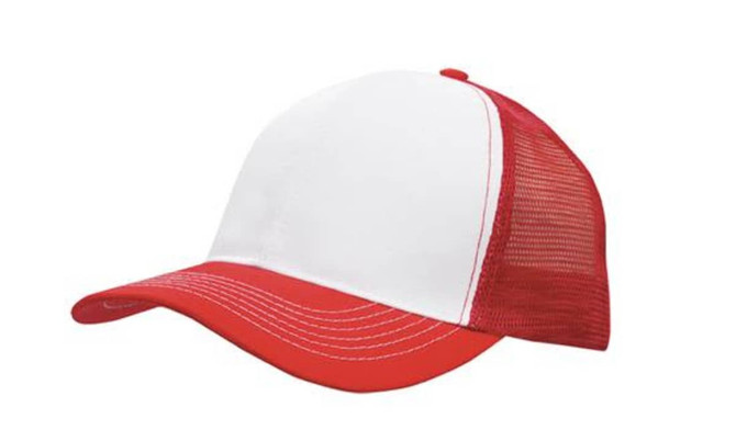 A red and white cap featuring a mesh back and a curved brim, with a logo on the front.