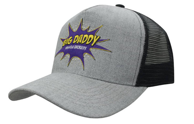 A grey marle cap with a black mesh back and a logo featuring a burst design with text.