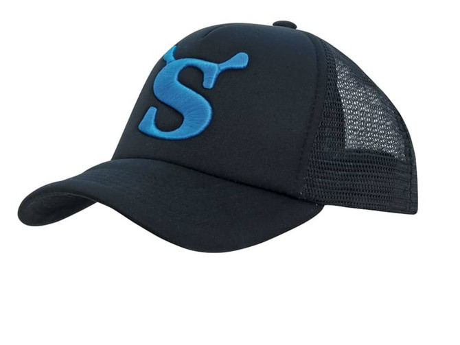 A black trucker cap with a blue embroidered logo and a mesh back for ventilation.