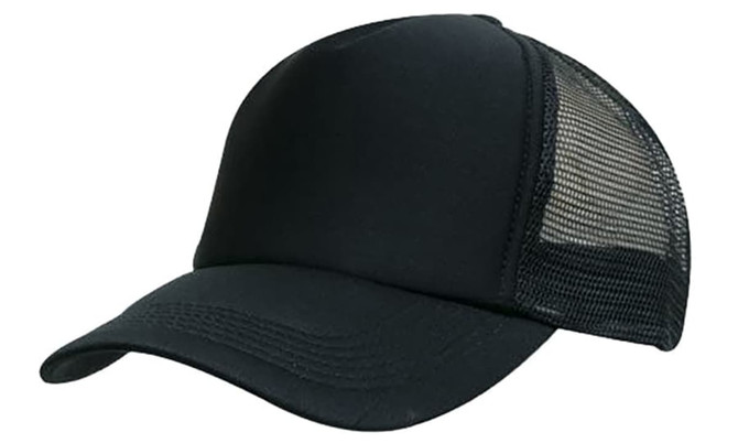 A black kids' trucker cap featuring a mesh back and a curved brim. It includes a logo on the front.