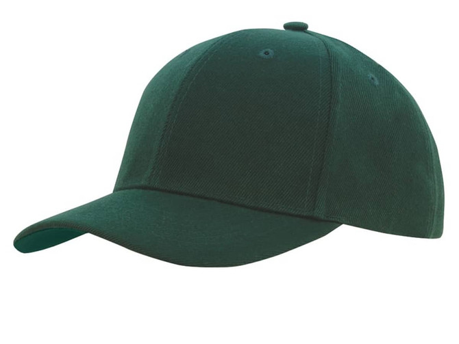 A green premium American twill college cap with a structured design and a curved brim, featuring a logo.