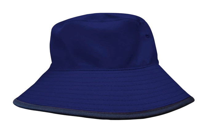 A navy blue reversible bucket hat made from breathable poly twill, featuring a logo on the side.