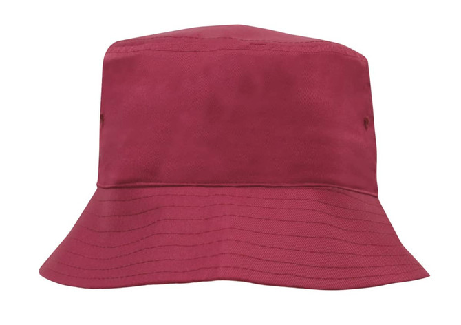 A breathable poly twill child's bucket hat in a rich burgundy colour with a round brim and no visible branding.
