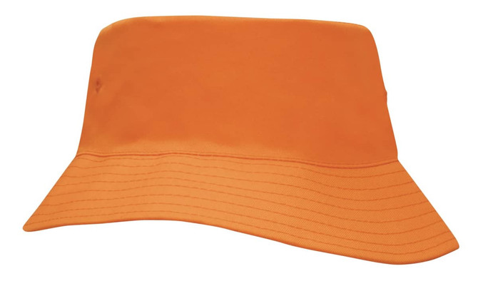 An orange breathable poly twill child's bucket hat with a wide brim and an integrated logo.