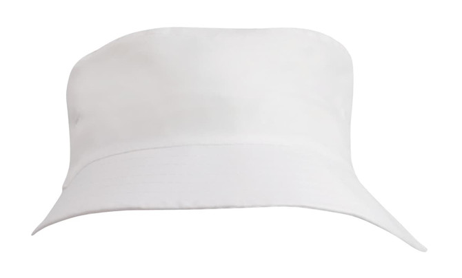 A white breathable poly twill child's bucket hat featuring a wide brim and a simple design with a logo.