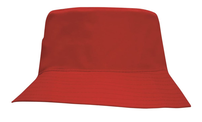 A red breathable poly twill youth bucket hat with a wide brim and a logo.