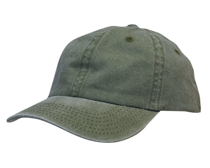A green enzyme washed pigment dyed cotton twill cap with a curved brim and stitching details. It features a logo.