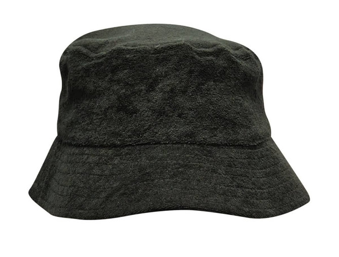 A black terry towelling bucket hat with a rounded top and wide brim, featuring a logo.