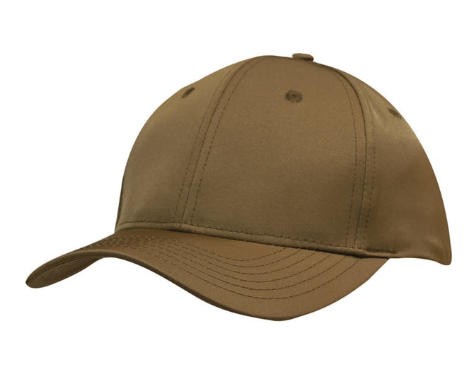 A premium sports cap in a tan colour, featuring a smooth fabric and a curved peak. The cap has a branding logo.