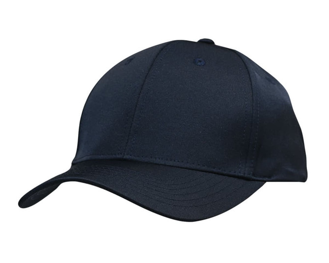 A navy blue cap with a curved brim and a structured design. It features a logo on the front.