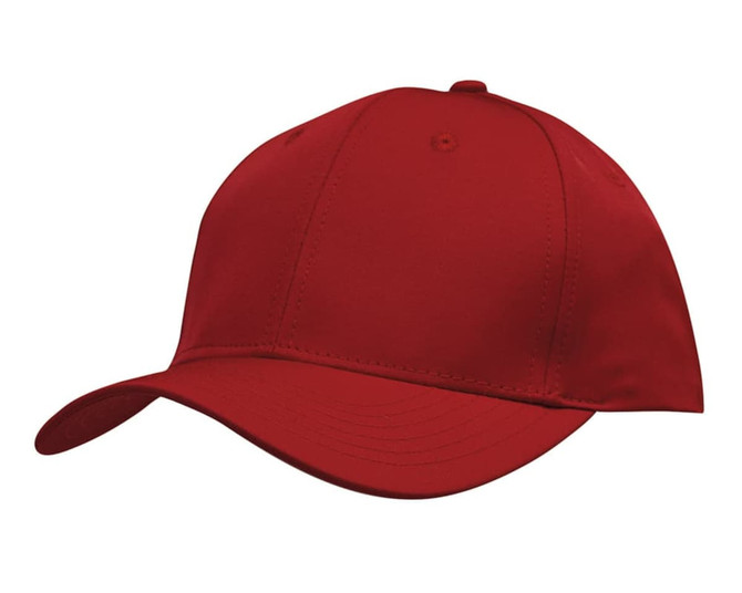 A red cap with a curved brim and a structured design, featuring a logo on the front.