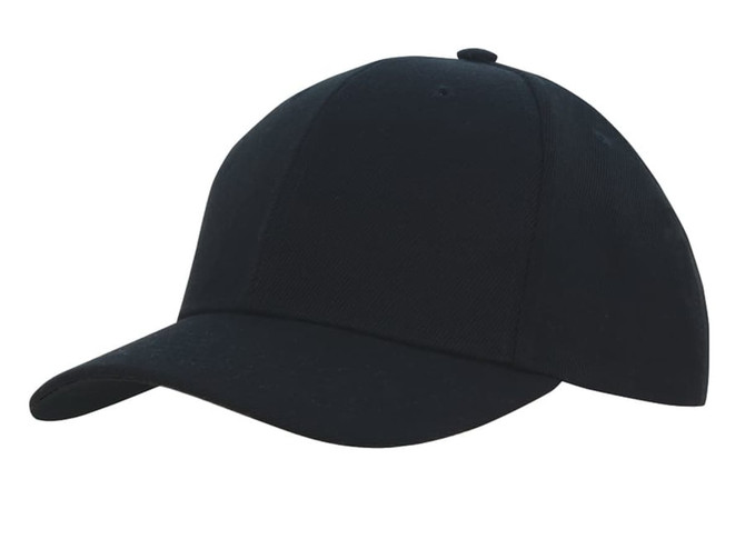 A black twill cap with a rounded crown and a curved brim. It features a logo on the front.