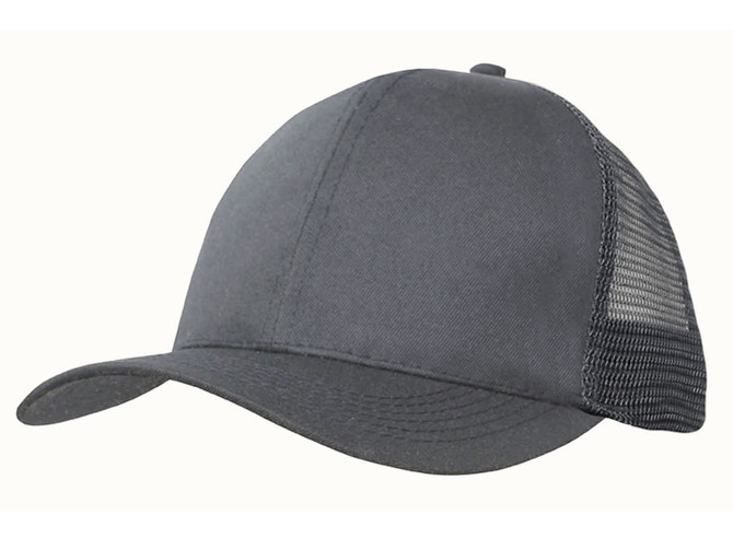 A grey cap made of breathable poly twill with a mesh back, featuring a curved brim and a logo.