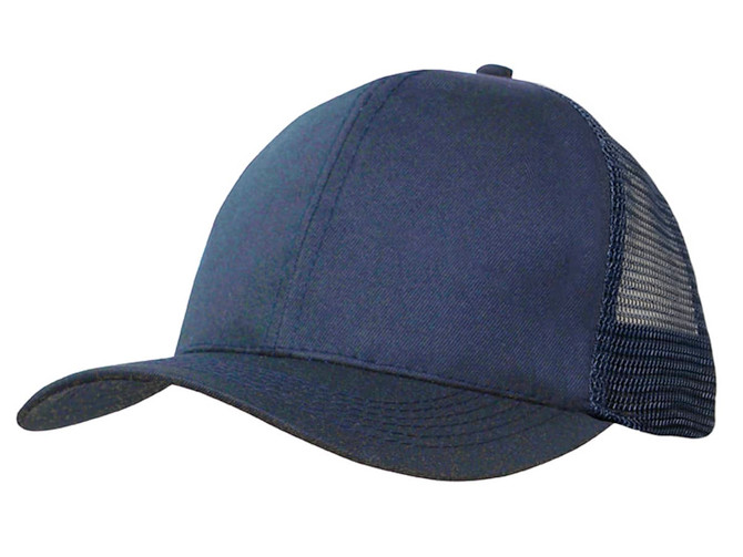 A navy blue cap featuring breathable poly twill fabric and a mesh back, complete with a logo.