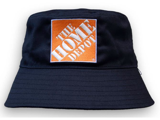 A navy blue bucket hat featuring a square logo on the front. The hat is made from breathable poly twill material.