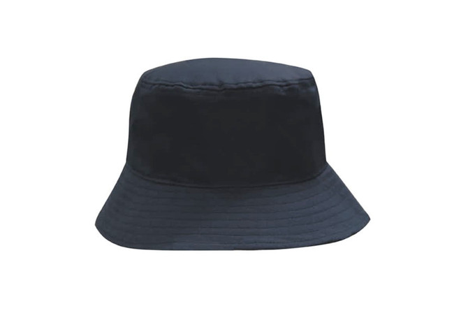 A dark blue bucket hat made from recycled breathable poly twill, featuring a simple, unembellished design.