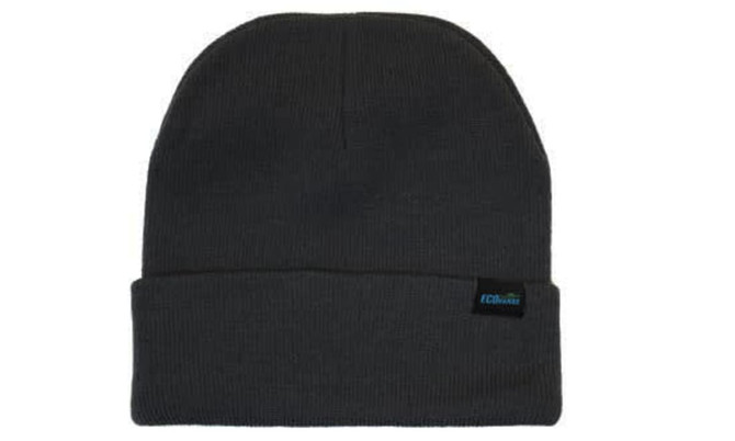 A grey recycled roll-up beanie with a logo tag on the side. Soft, textured fabric.