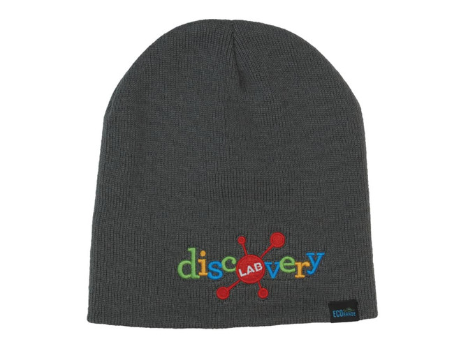 A grey beanie featuring a multicoloured embroidered logo and a small branding tag.